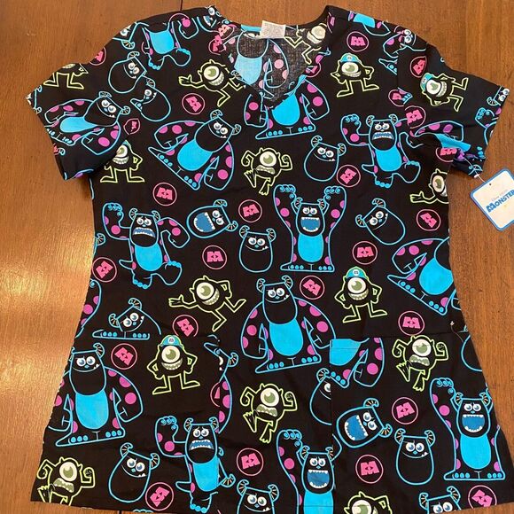 Disney Monsters Scrub Top Womens Size Small Sully and Mike Short Sleeve V-Neck - Picture 2 of 12